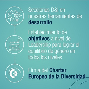 Secciones D&I en nuestras herraminetas de desarrollo, establecimiento de objetivos a nivel de Leadership para lograr el equilibrio de género en todos los niveles, firma charter Europeo de la Dviersidad