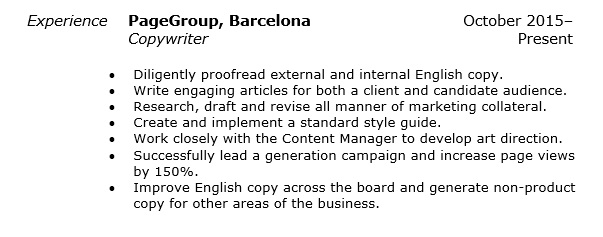 Información sobre un ejemplo de PageGroup para escribir un CV