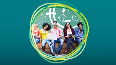 Grupo de personas jóvenes sentadas en un banco con tecnología.
