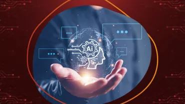 Mano sosteniendo un holograma de inteligencia artificial con circuitos.
