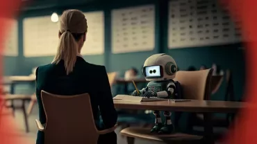 Persona y robot sentados en una mesa, en una sala con luz tenue.