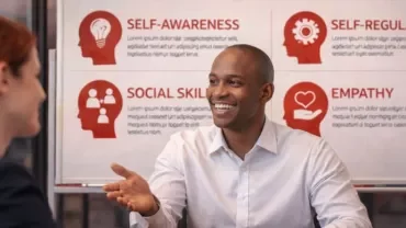 Candidato trabajando en equipo, mostrando empatía y liderazgo, con una pizarra o gráfico destacando conceptos de "inteligencia emocional" en el entorno laboral. 