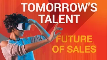 Persona usando gafas de realidad virtual, texto: 'El talento del mañana, futuro de las ventas'.