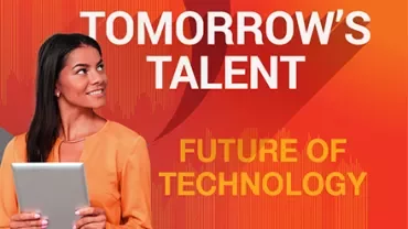 Persona sosteniendo una tablet con el texto 'Tomorrow's Talent: Future of Technology'.