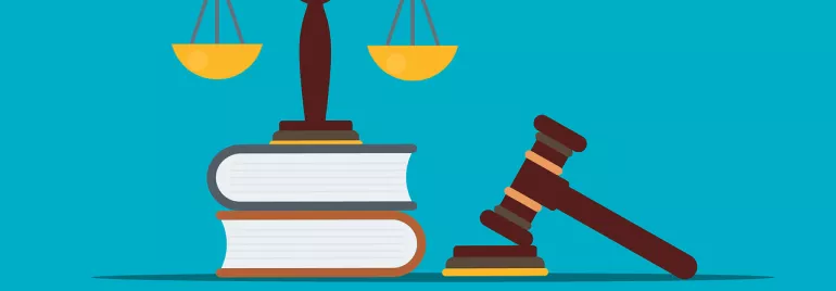 Ilustración de una balanza sobre libros junto a un mazo de juez.