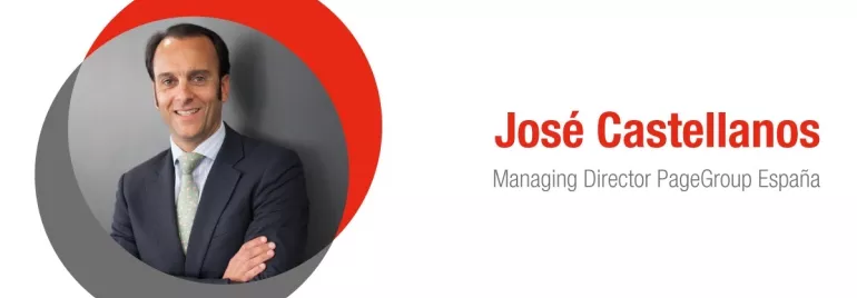 Retrato de una persona con traje en un diseño gráfico circulado.
