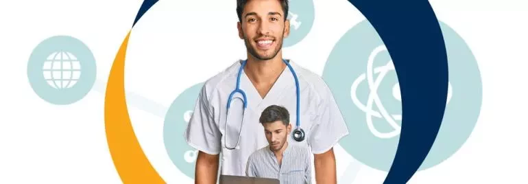 Profesional de salud con estetoscopio sonriente.