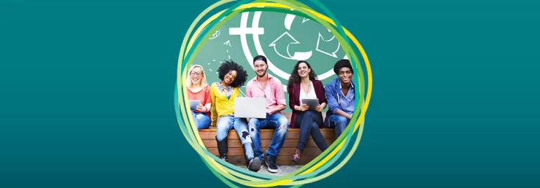 Grupo de personas jóvenes sentadas en un banco con tecnología.