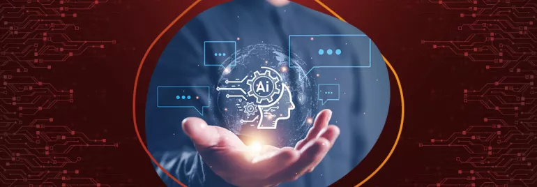 Mano sosteniendo un holograma de inteligencia artificial con circuitos.