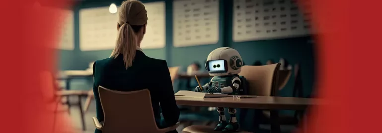 Persona y robot sentados en una mesa, en una sala con luz tenue.