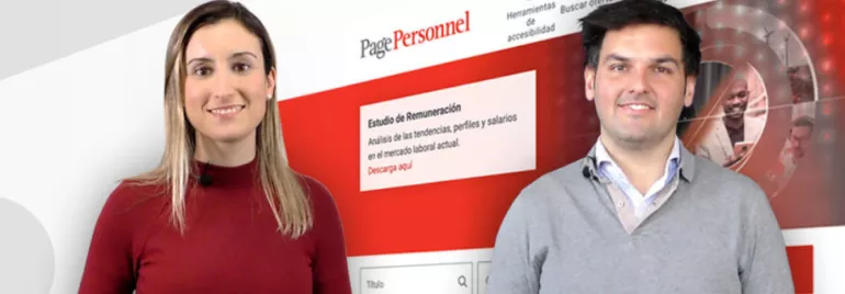 Dos personas frente a un fondo con el logotipo de una empresa.