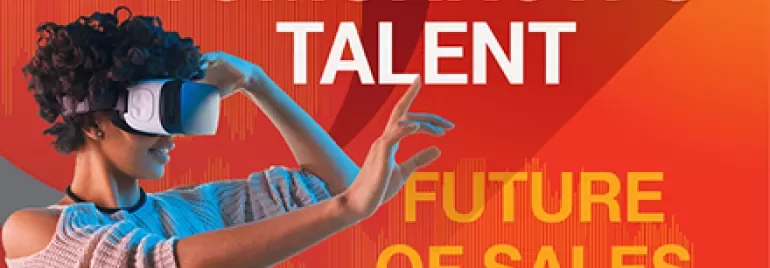 Persona usando gafas de realidad virtual, texto: 'El talento del mañana, futuro de las ventas'.