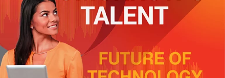 Persona sosteniendo una tablet con el texto 'Tomorrow's Talent: Future of Technology'.