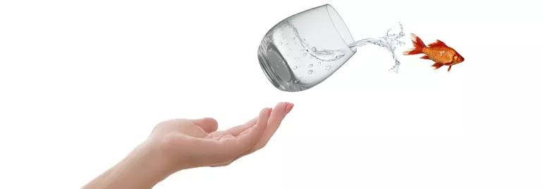 Mano abierta con vaso vertiendo agua y pez fuera de él.