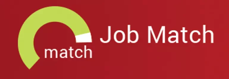 Imagen roja con texto 'Job Match' y un gráfico semicircular verde.