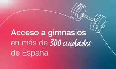 Publicidad de acceso a gimnasios en España con fondo degradado y dibujo de pesas.