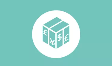 Icono de caja con símbolos de moneda en fondo turquesa.
