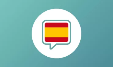 Globo de diálogo con una bandera española sobre fondo verde azulado.
